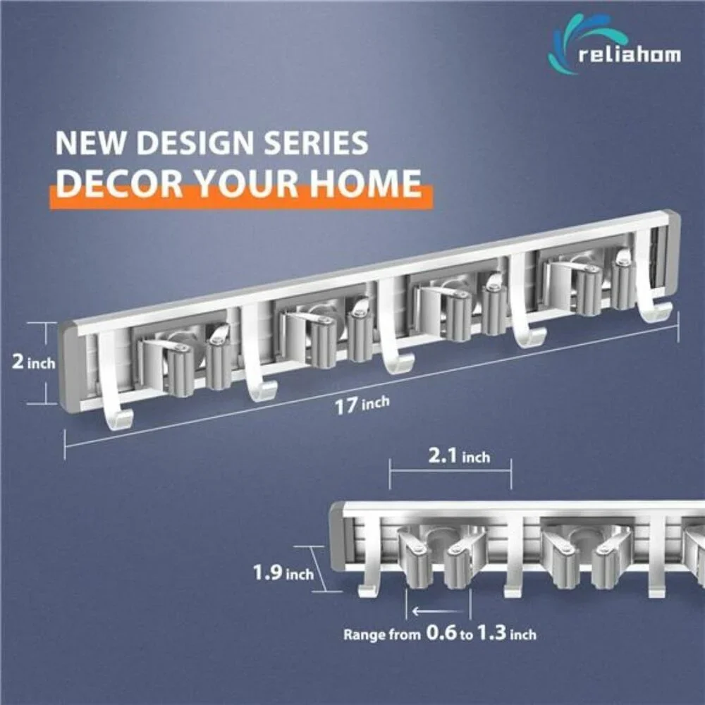 Broom Holder Mop Hanger Wall Mount Metal Organization Garage Storage System Silv